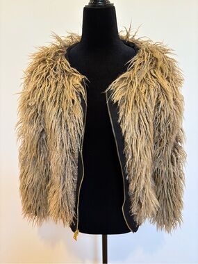 Weston Wear Faux Fur Teddy Jacket in Light Brown with Gold Zipper